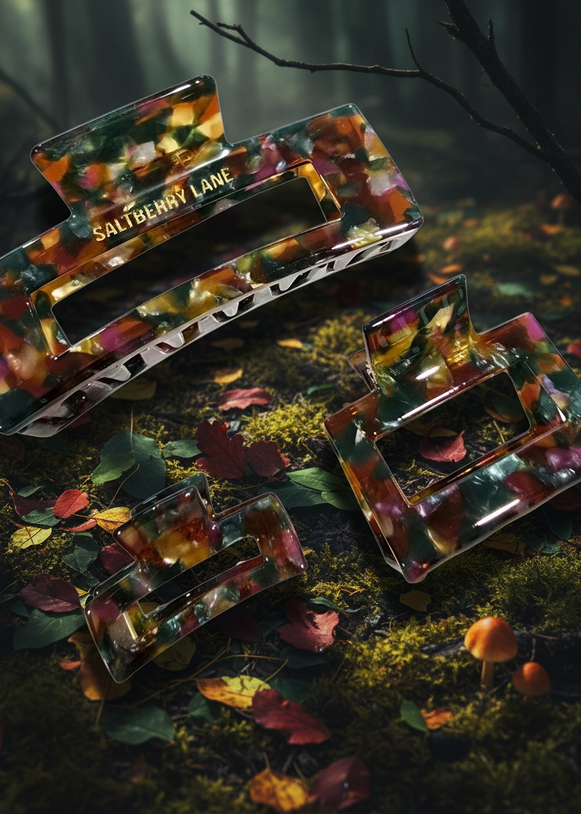 Haarspange Forest Freakout von Saltberry Lane – herbstlicher Haarclip in Grün, Bordeaux und Gold, aus Celluloseacetat